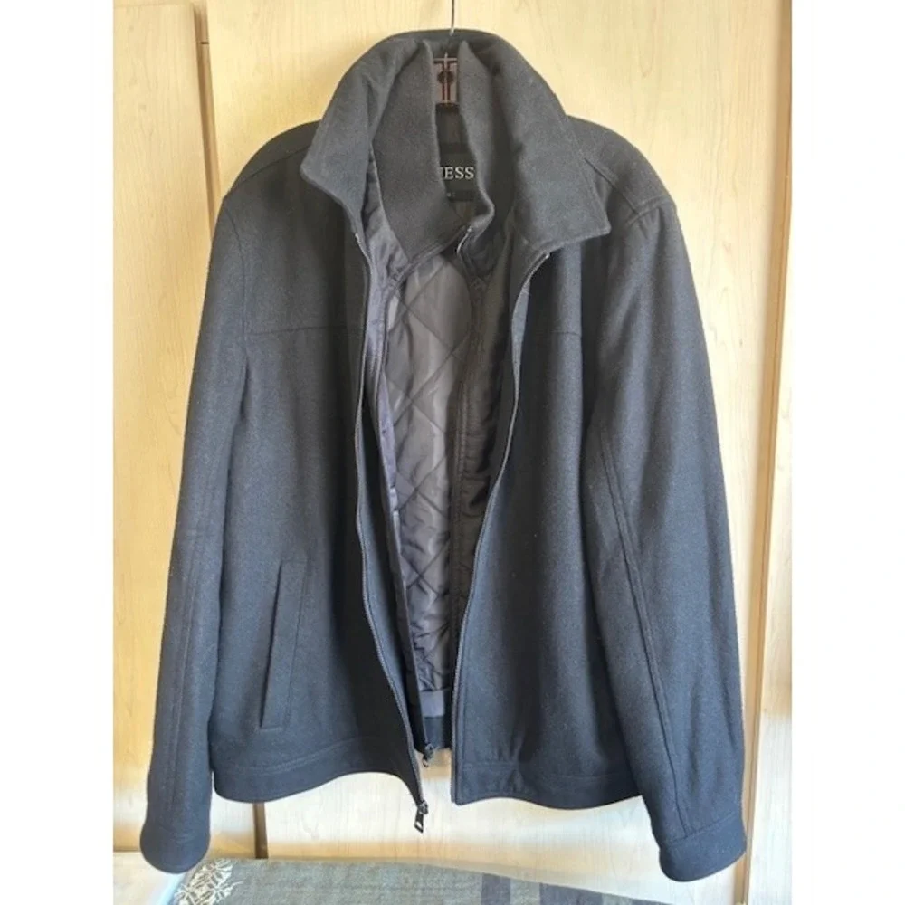 GUESS Jeans Black Winter Wool Blend Quilted Lining‎ Zip Up Jacket Mens XXL EUC